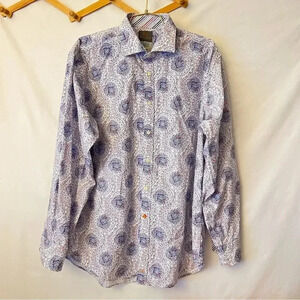 Thomas Dean TD White Blue Paisley Print Shirt Size XL Cotton